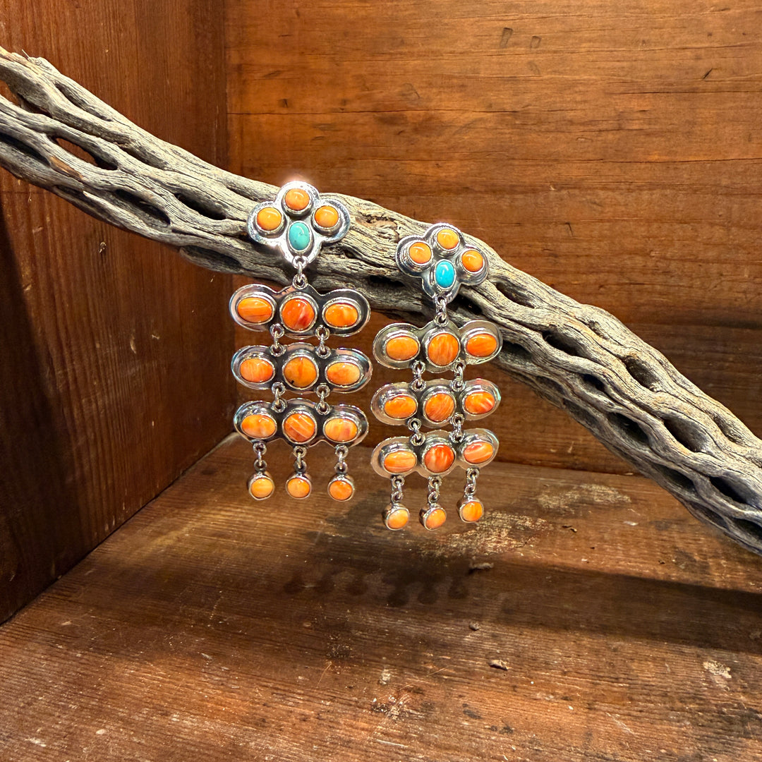 Spiny Oyster & Turquoise Chandelier Earrings by Federico Jimenez