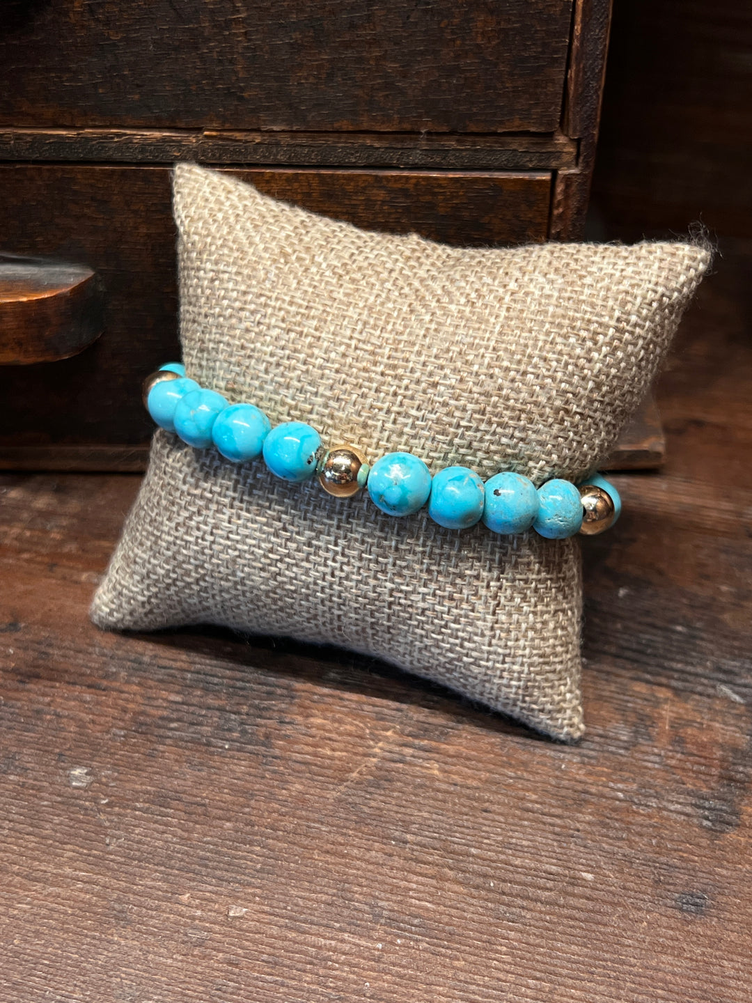 14K 8mm Gold Beads and Sleeping Beauty Turquoise Bracelet