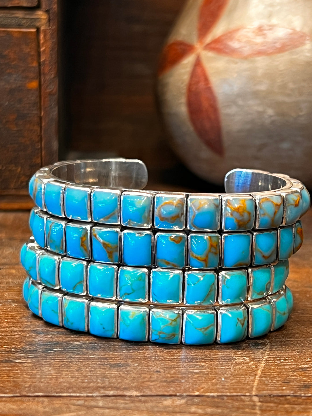 Blue Gem Turquoise Square Stacker Row Cuff (Small)