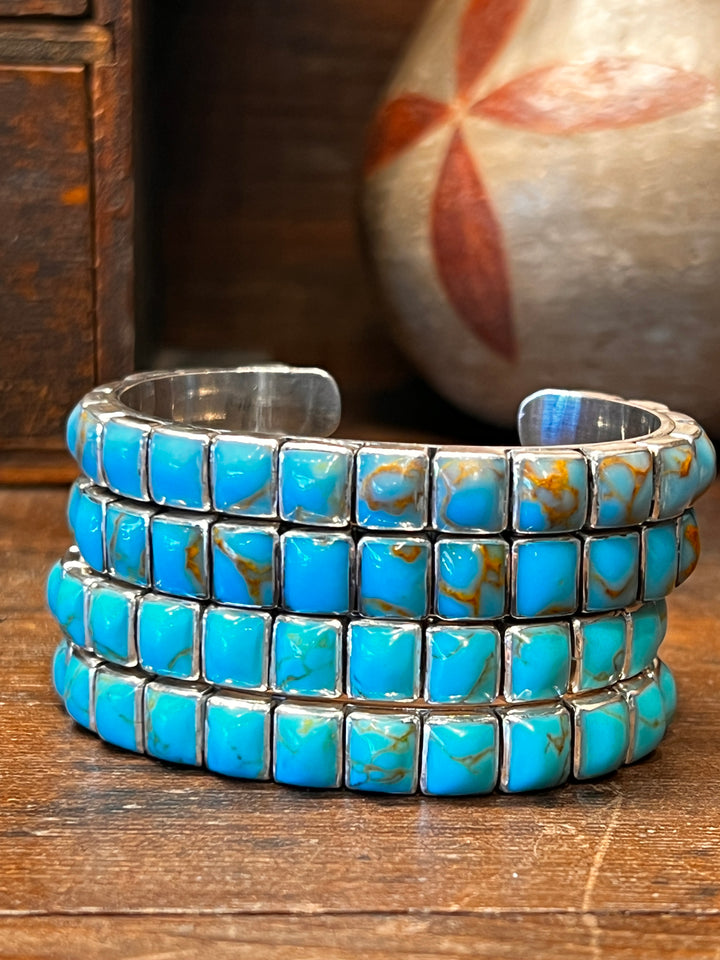 Blue Gem Turquoise Square Stacker Row Cuff (Small)