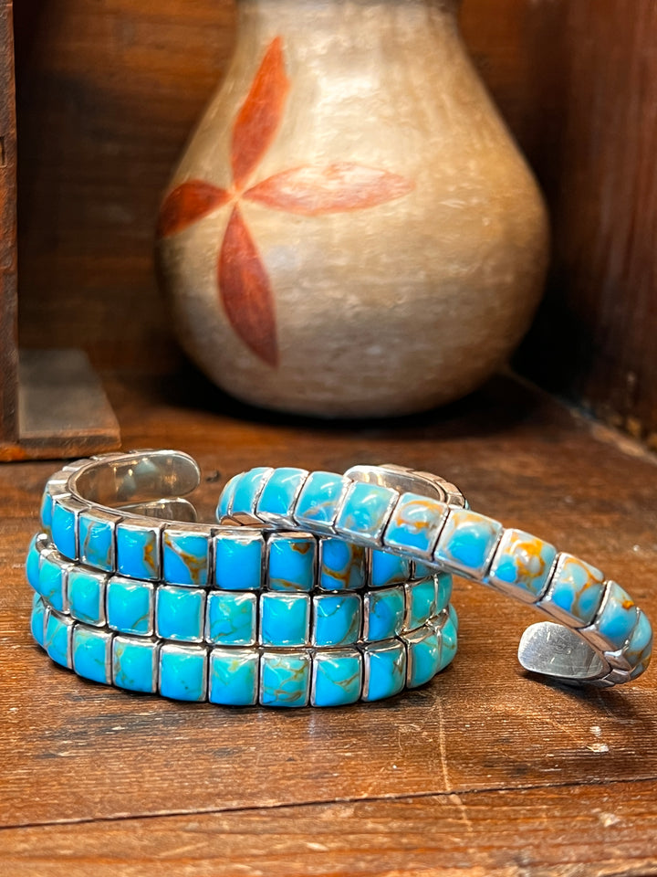 Blue Gem Turquoise Square Stacker Row Cuff (Small)