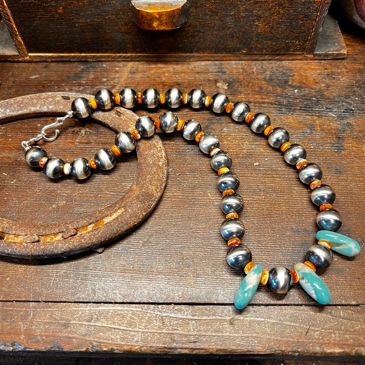 Ellsa Turquoise Orange Spiny Navajo Pearl 18" Necklace