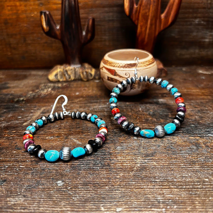 Multi Color Stone Navajo Pearls Hoops