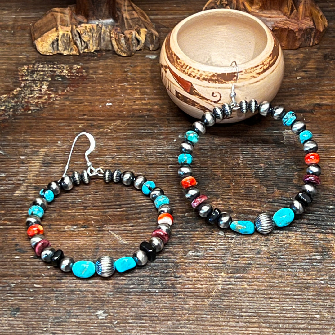 Multi Color Stone Navajo Pearls Hoops