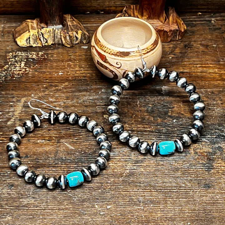 Navajo Pearls Barrel Turquoise Hoops