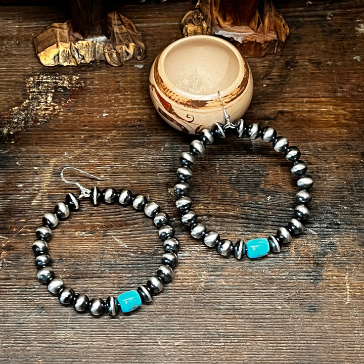 Navajo Pearls Barrel Turquoise Hoops