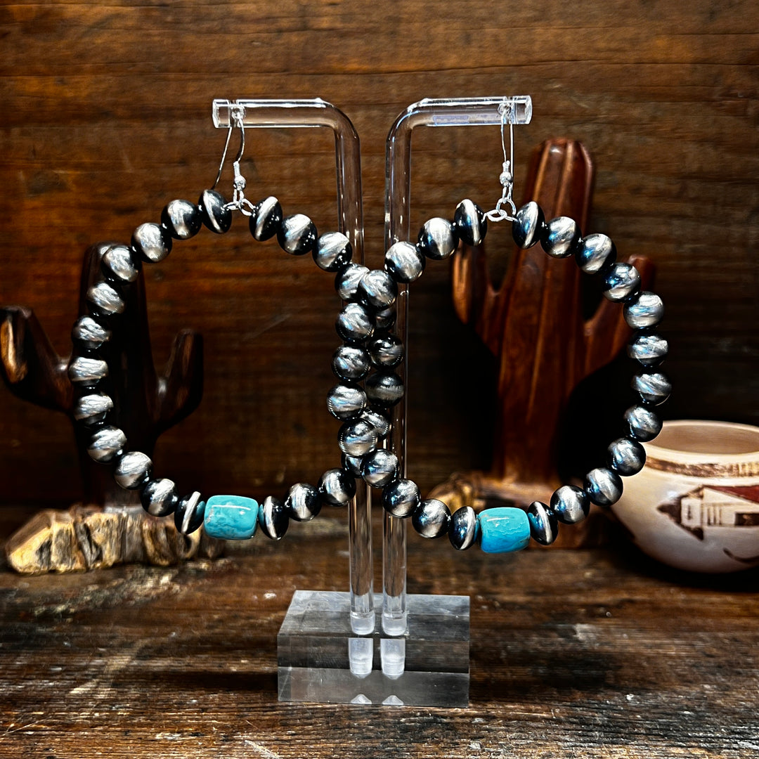 Navajo Pearls Barrel Turquoise Hoops