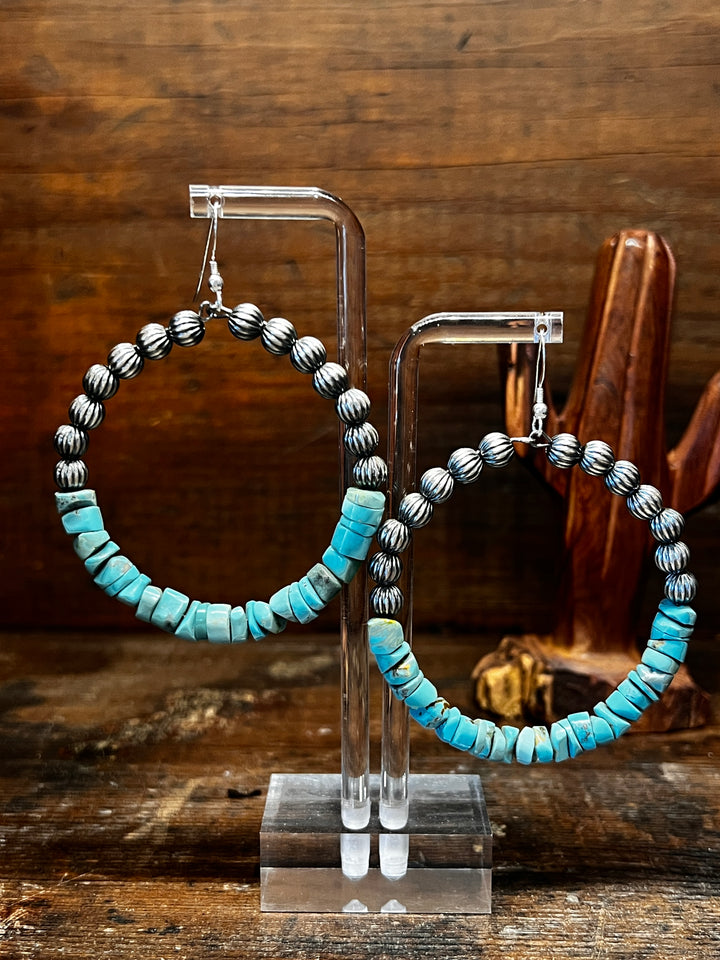 Turquoise Heishi Corrugated Navajo Pearl Hoops