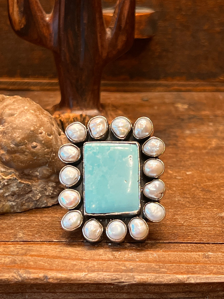 Pearl Cluster Kingman Turquoise Ring