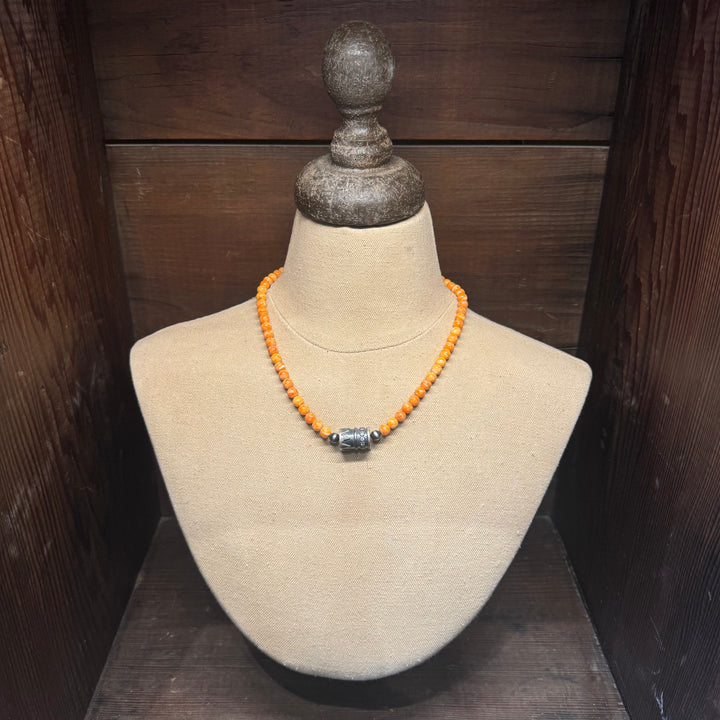 Orange Spiney Beaded Necklace with Bar Pendant 18"