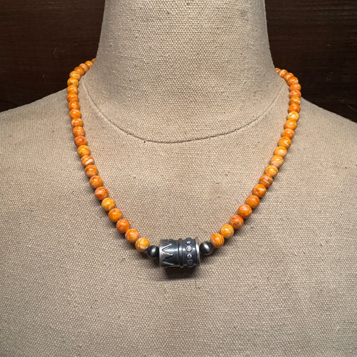 Orange Spiney Beaded Necklace with Bar Pendant 18"