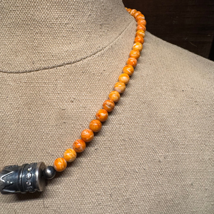 Orange Spiney Beaded Necklace with Bar Pendant 18"
