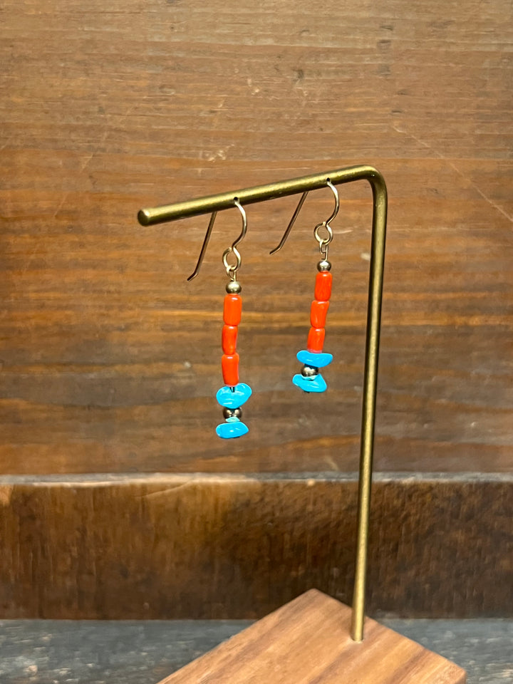 Mediterranean Coral and Turquoise with 14K Yellow Gold Beads Earrings