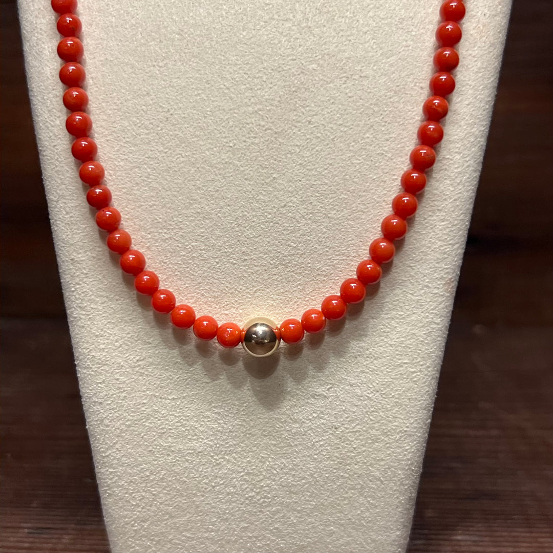 High Grade Mediterranean Coral 14K Gold Bead Necklace