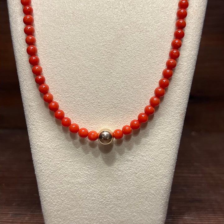 High Grade Mediterranean Coral 14K Gold Bead Necklace