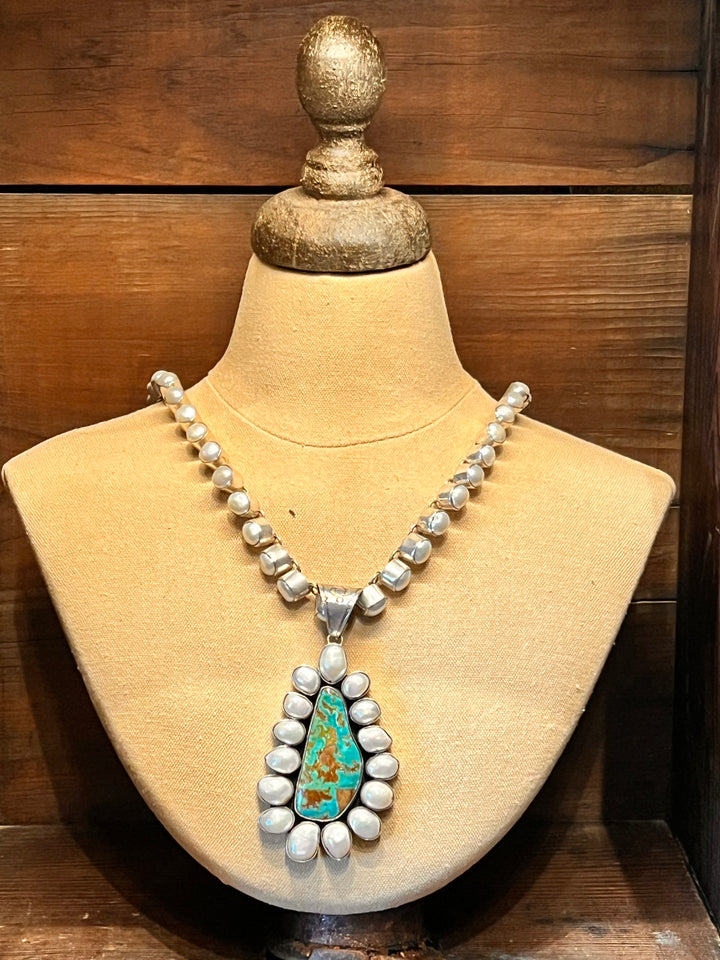 Fresh Water Pearl Necklace Blue Gem Turquoise Pendant/Necklace