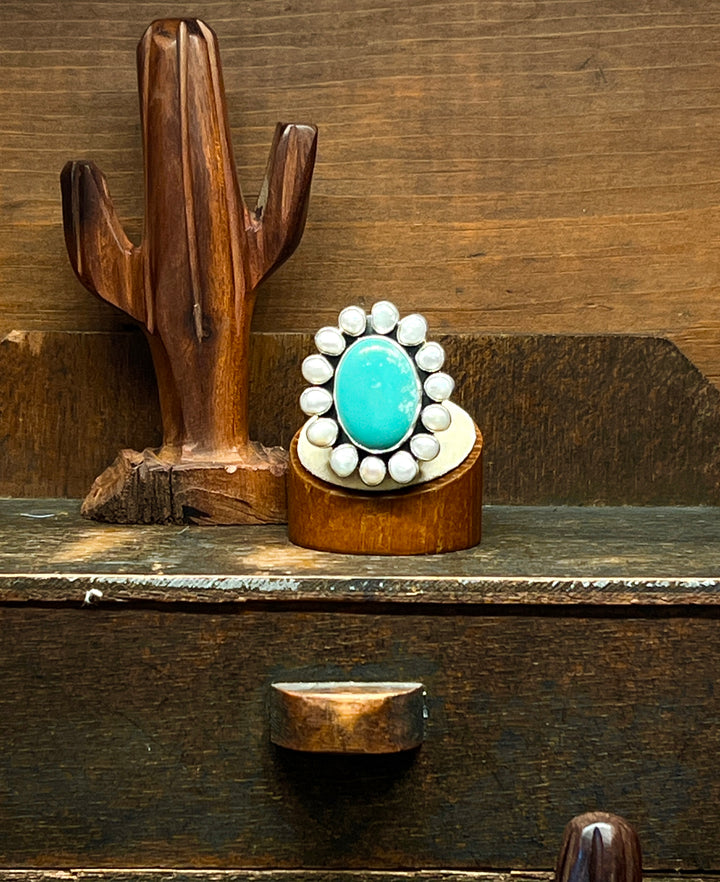 Pearl Cluster Round Kingman Turquoise Ring