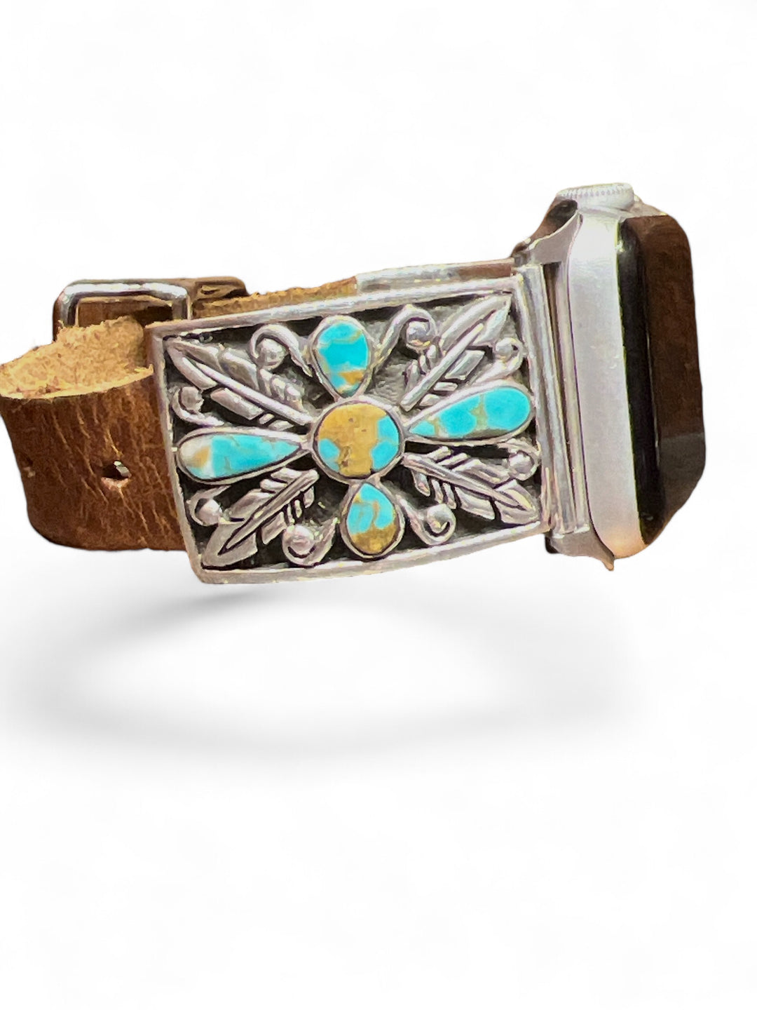 Number 8 Turquoise Cross & Feather Leather Watch Band