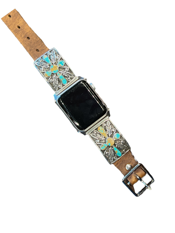 Number 8 Turquoise Cross & Feather Leather Watch Band