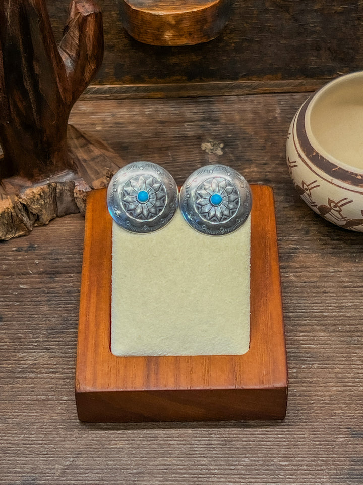 Sun Stamped Concho Turquoise Studs Earrings