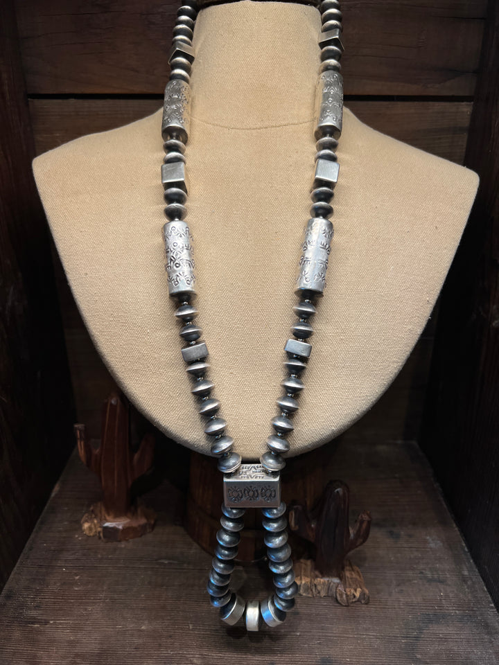 Silver Stamped Tubular Necklace with Jacala