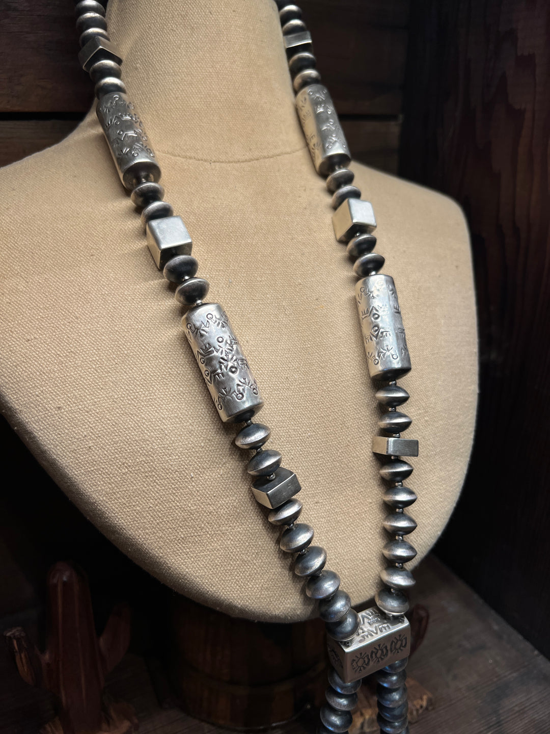 Silver Stamped Tubular Necklace with Jacala