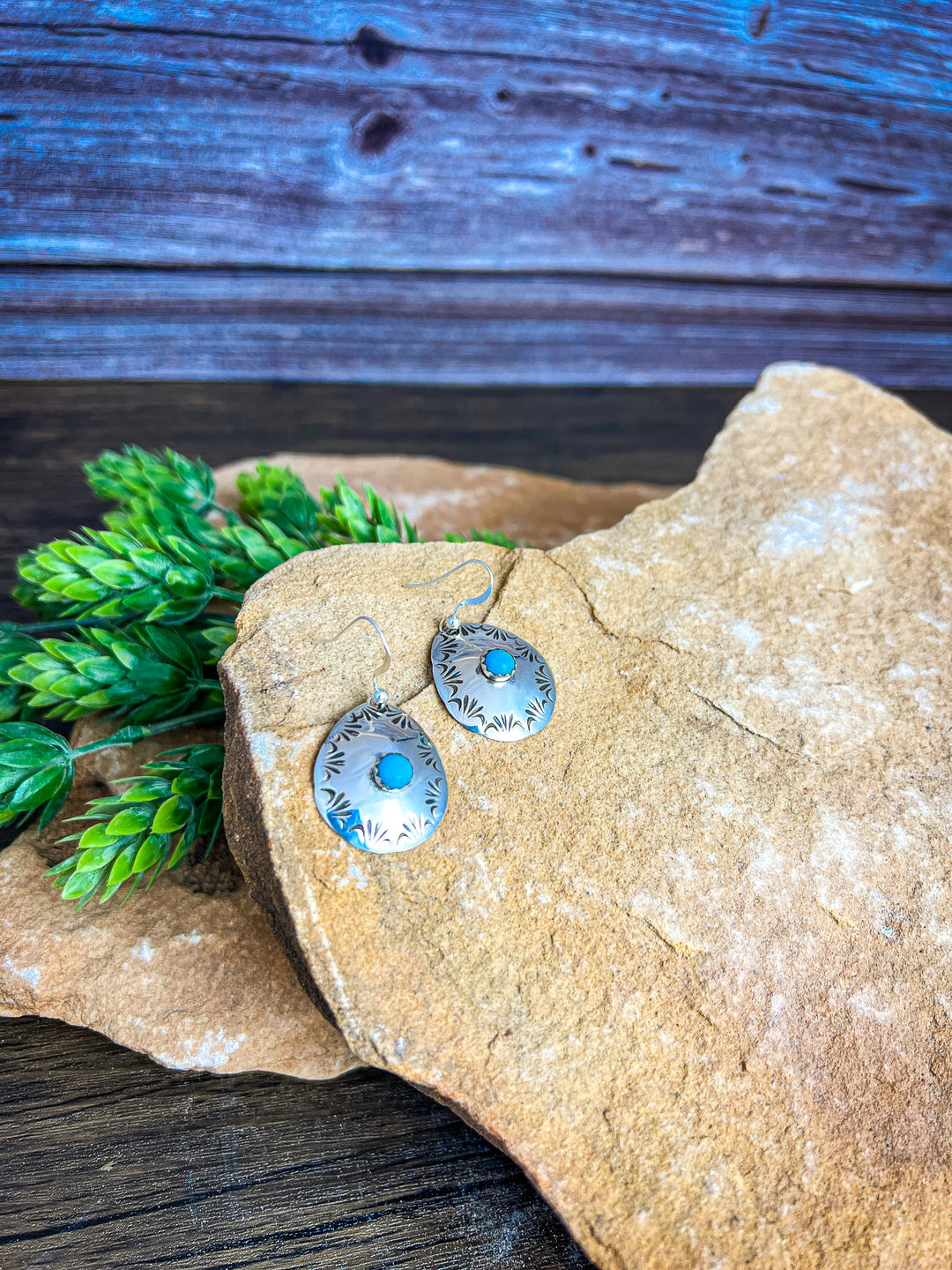 Tear Drop Concho Stamped Turquoise Earrings By Kathy Lee 1" by 1-1/2" Long