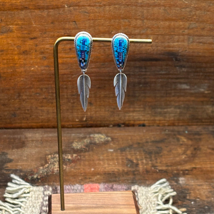 Micro Inlay Feather Dangle Earrings
