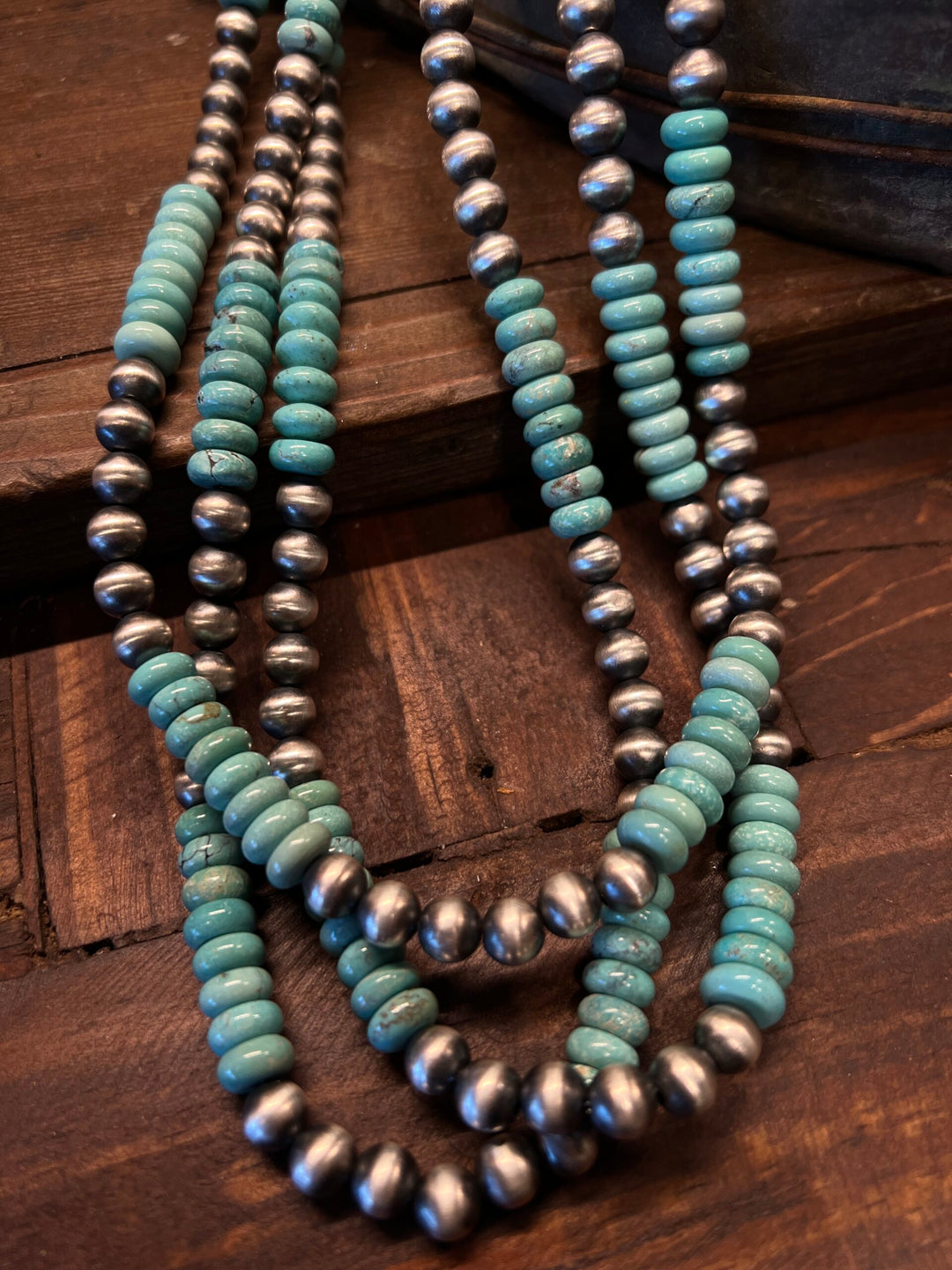 Three Strand Necklace Navajo Pearls with Whitewater Turquoise