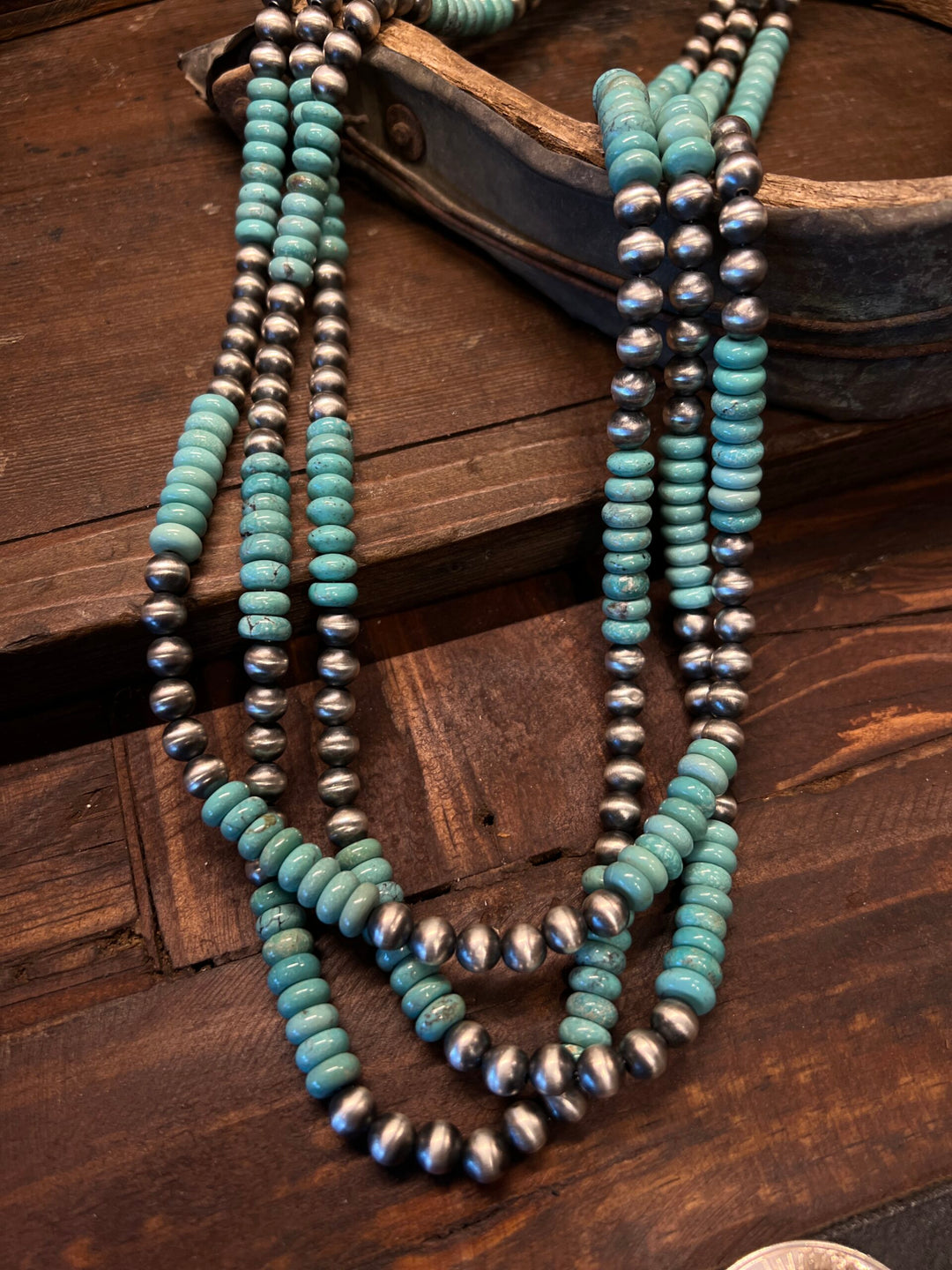 Three Strand Necklace Navajo Pearls with Whitewater Turquoise