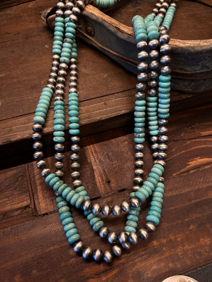 Three Strand Necklace Navajo Pearls with Whitewater Turquoise