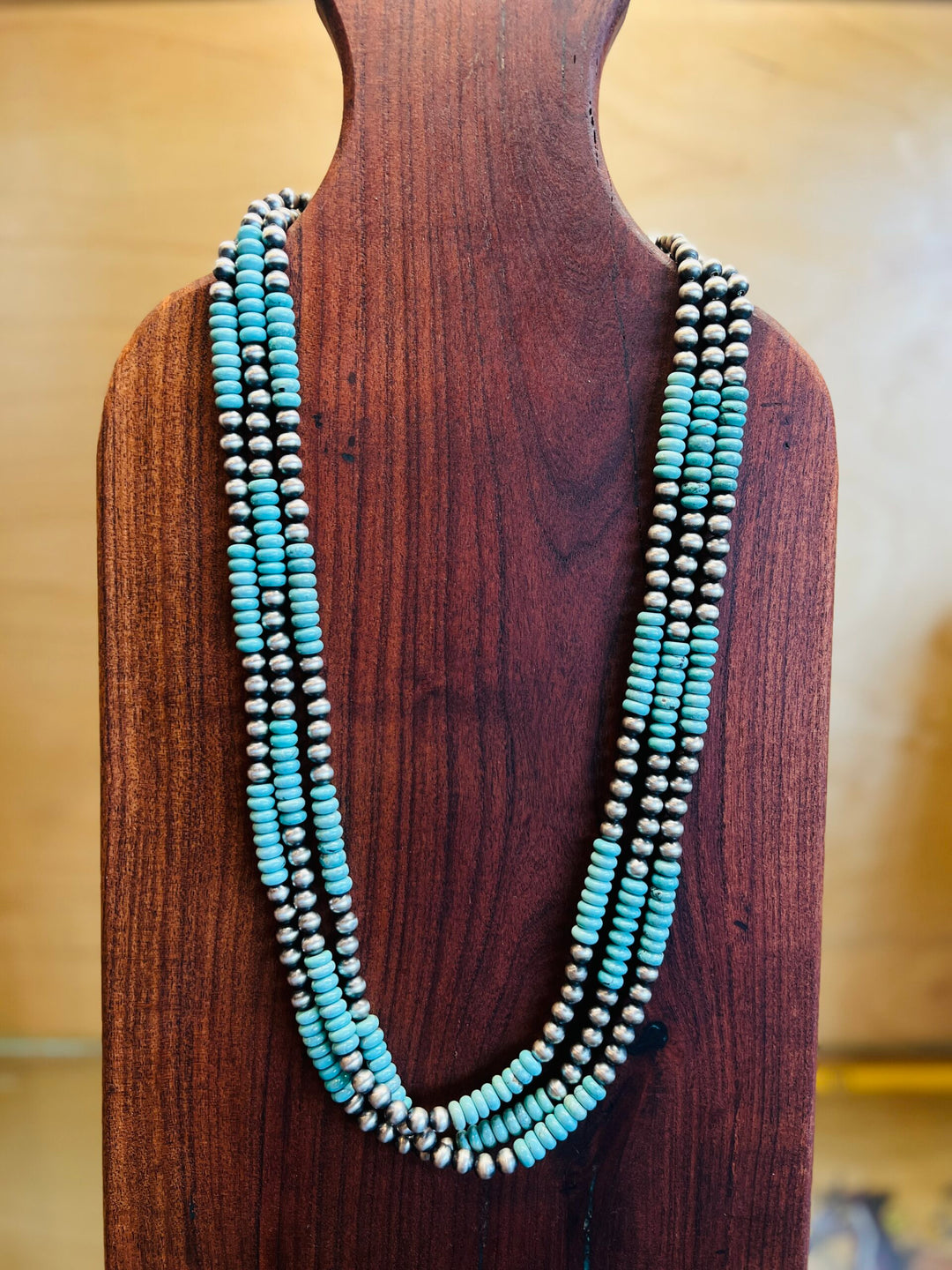 Three Strand Necklace Navajo Pearls with Whitewater Turquoise