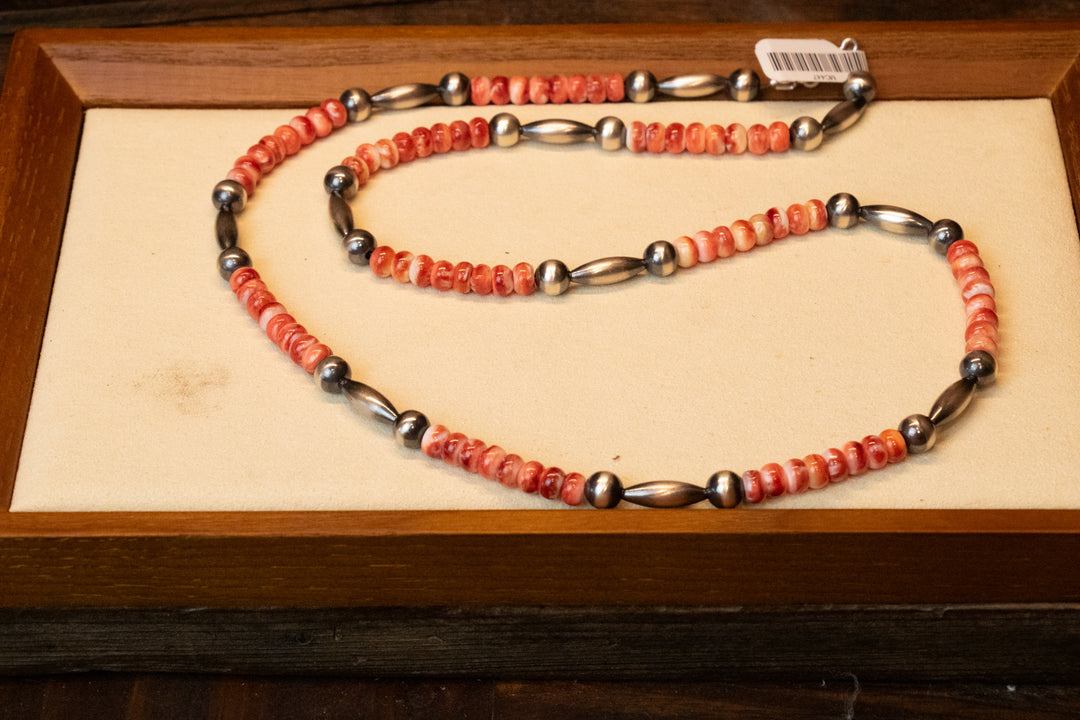 Red Spiny with Navajo Pearls Necklace 26" L