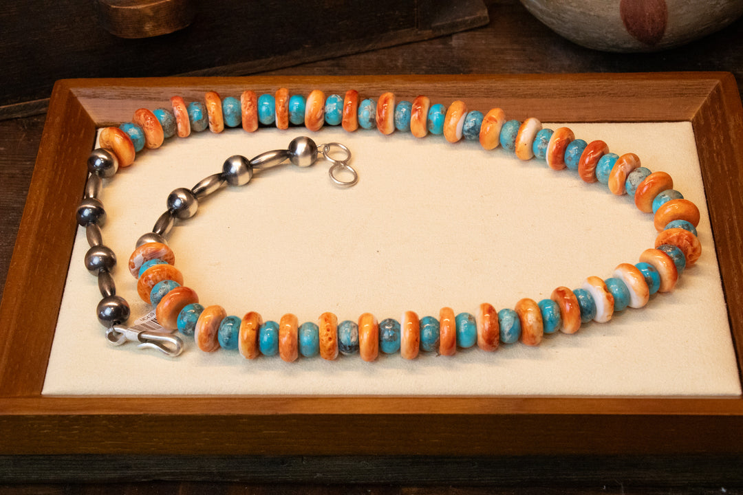 Orange Spiny Turquoise and Navajo Pearls Necklace