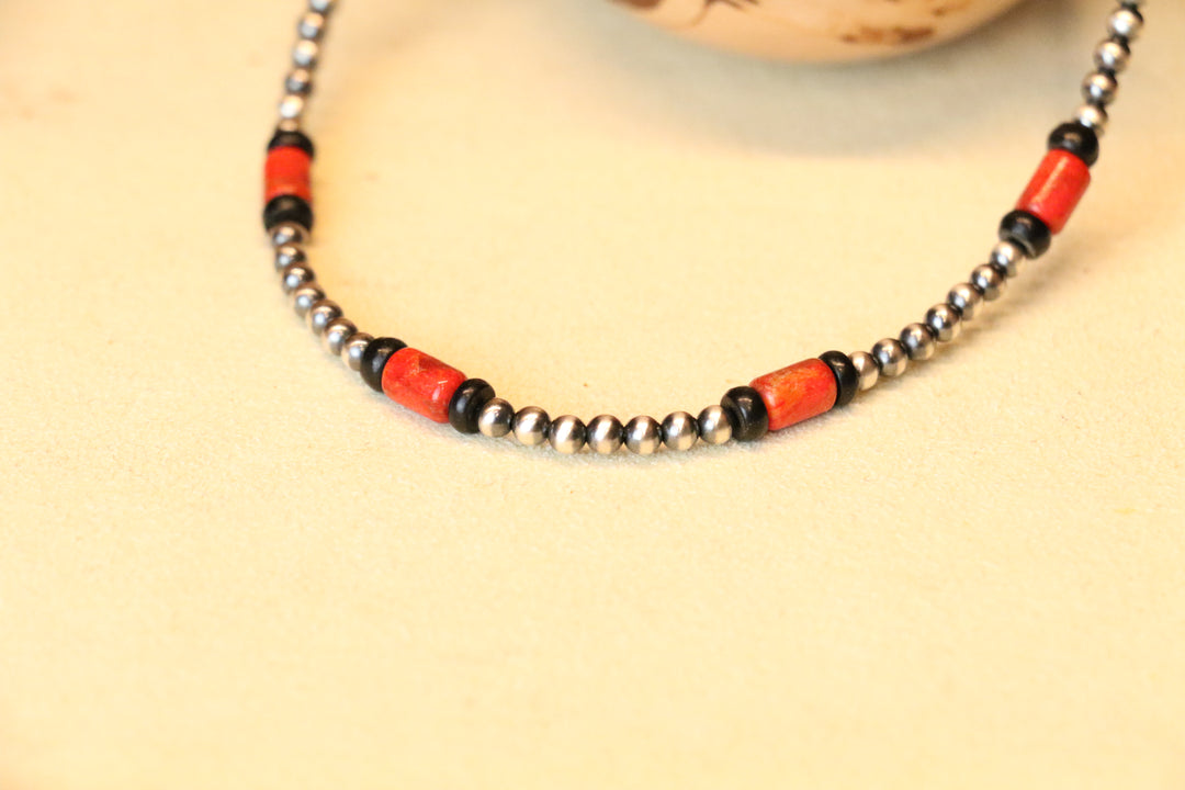 3mm Navajo Pearls, Jet & Sponge Coral Anklet