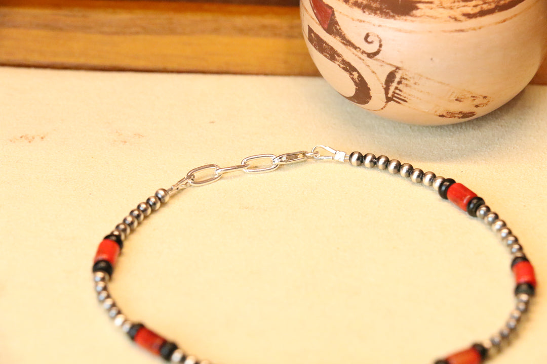 3mm Navajo Pearls, Jet & Sponge Coral Anklet