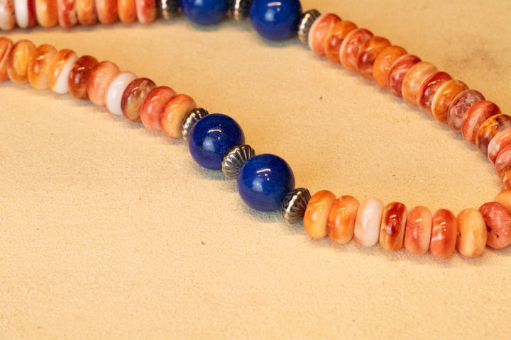 Orange Spiny & 10mm Lapis Necklace