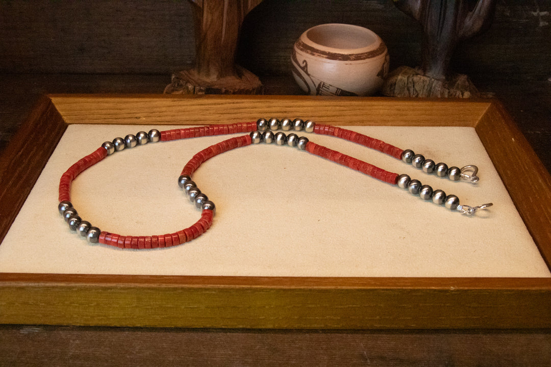 Sponge Coral Heishi & 6mm Navajo Pearl Necklace