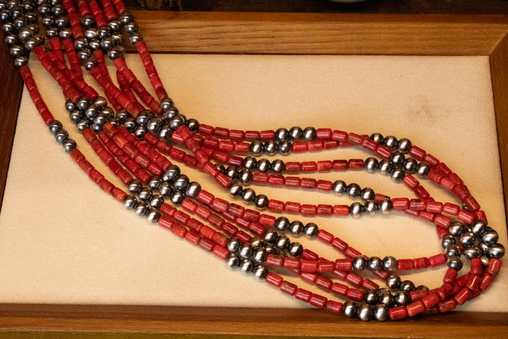 Multi Strand Sponge Coral & 5mm Navajo Pearl Necklace