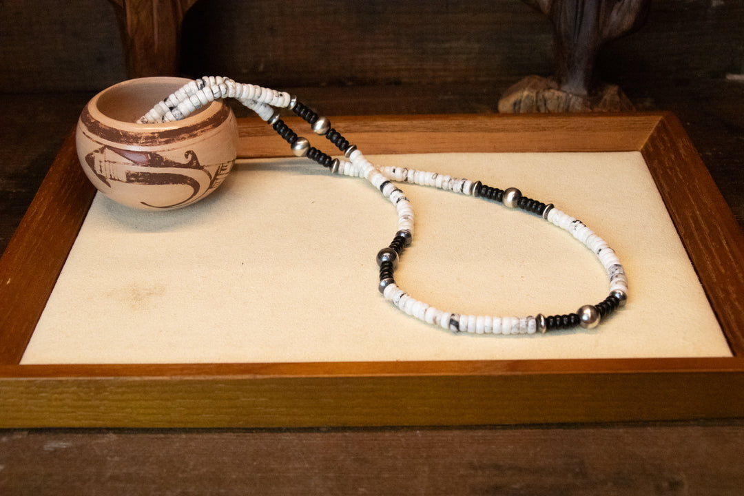 White Buffalo, Jet & 5/7mm Navajo Pearls Necklace