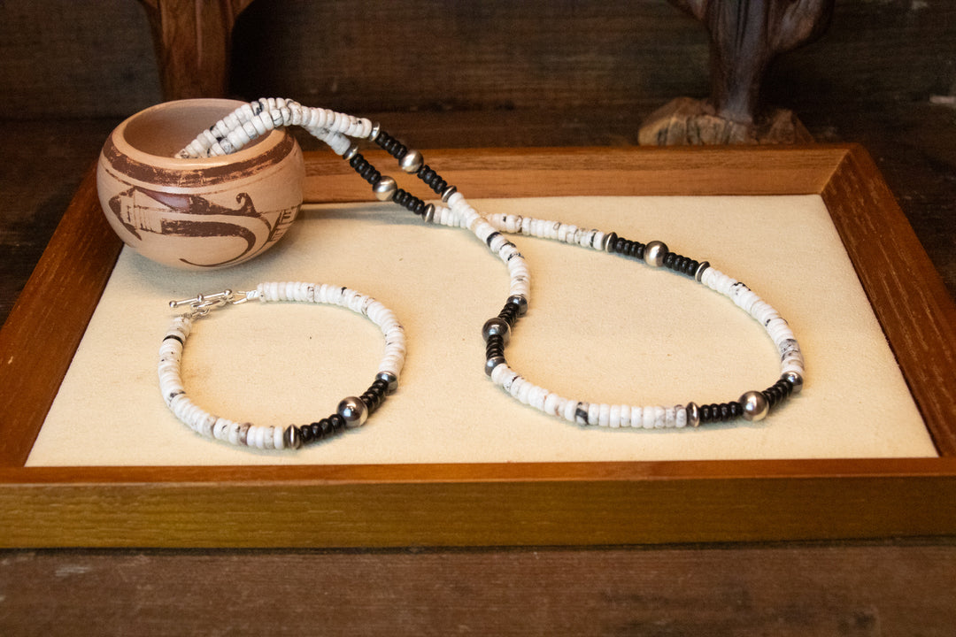 White Buffalo, Jet & 5/7mm Navajo Pearls Necklace