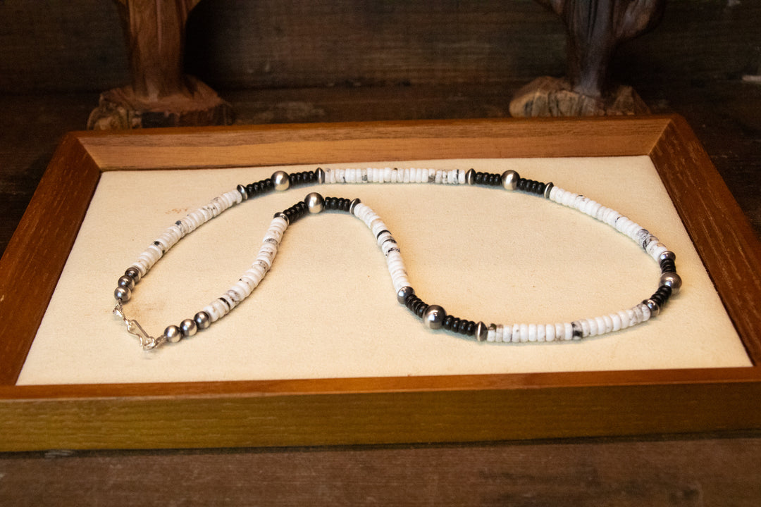 White Buffalo, Jet & 5/7mm Navajo Pearls Necklace
