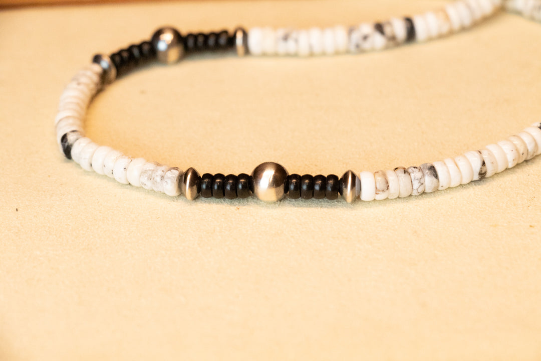 White Buffalo, Jet & 5/7mm Navajo Pearls Necklace