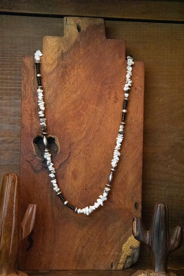 White Buffalo Nugget, Jet & Navajo Pearls Necklace