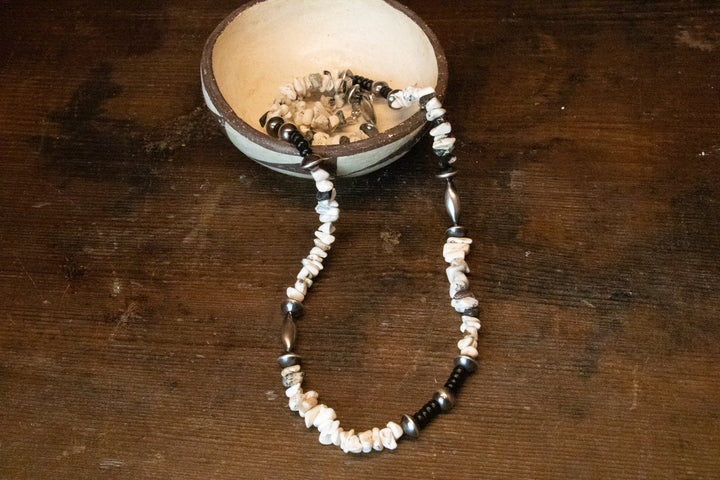 White Buffalo Nugget, Jet & Navajo Pearls Necklace