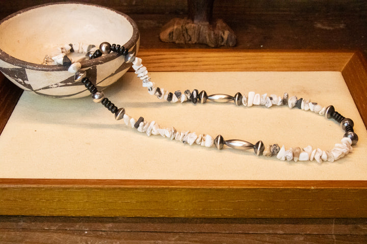 White Buffalo Nugget, Jet & Navajo Pearls Necklace