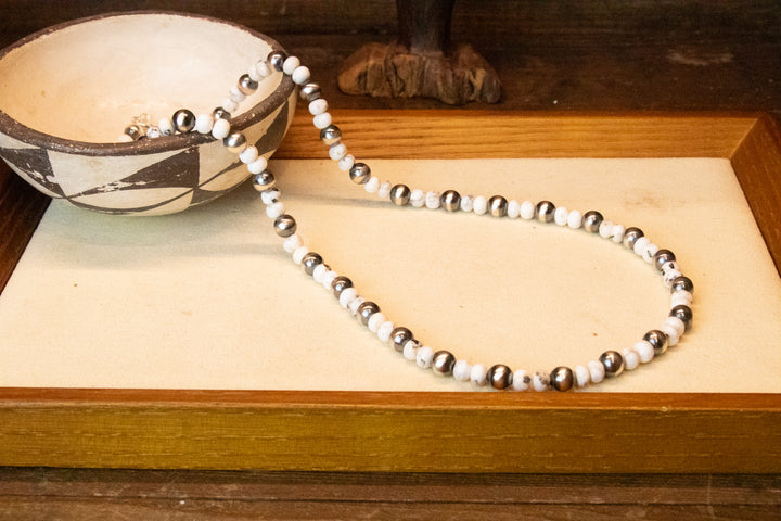 White Buffalo & 5mm Navajo Pearls Necklace