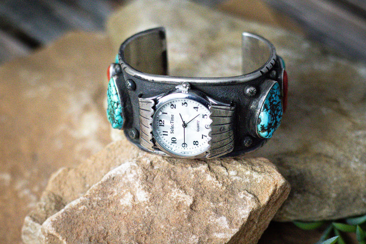 Old Pawn Turquoise & Coral Watch Cuff