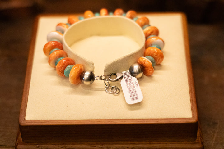 Orange Spiny and Turquoise Bracelet 7" Wrist