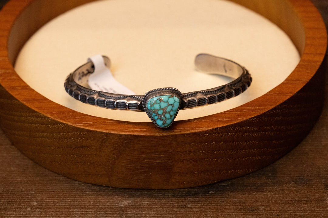Stamped Triangle Kingman Turquoise Cuff